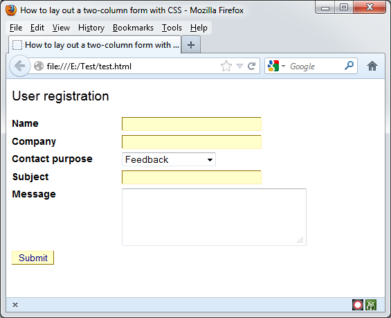 Laying out a two-column Web form with CSS