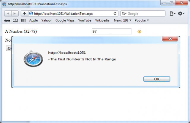 ValidationSummary control with message box window example