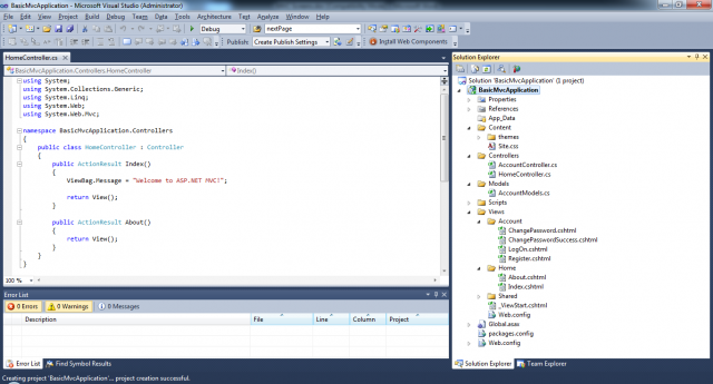 Visual Studio 2010 basic MVC3 application