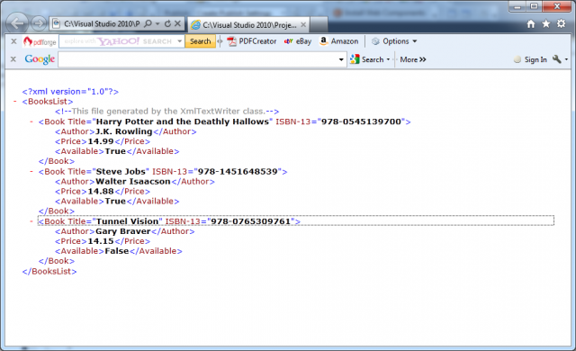 Opening of BooksList.xml in Internet Explorer in C#