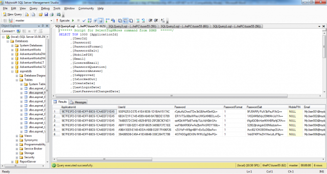 The aspnet_Membership table with the password-hash and salt values in C#