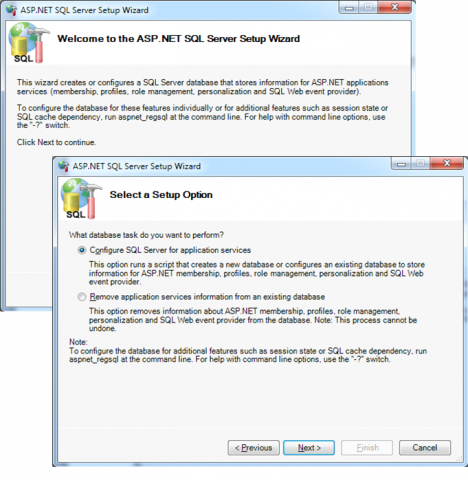 The apsnet_regsql.exe wizard user interface