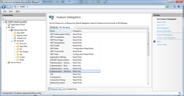 The IIS 7.x feature configuration for authentication modules