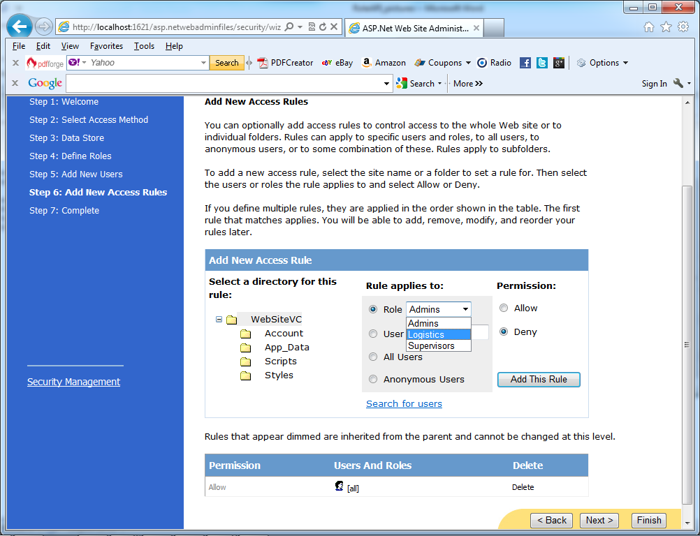 Configuring access rules with the WAT