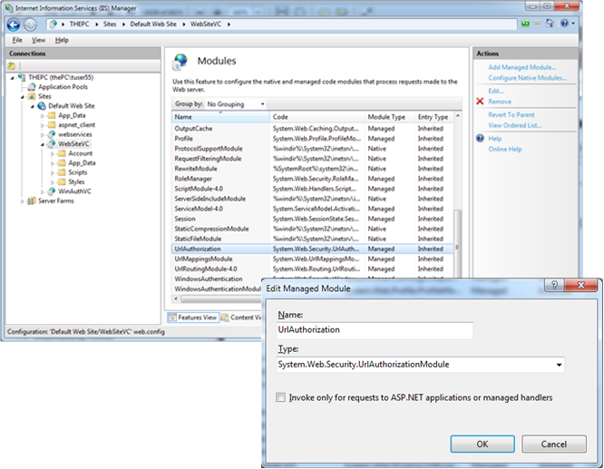 Enabling the UrlAuthorization managed module for native processing