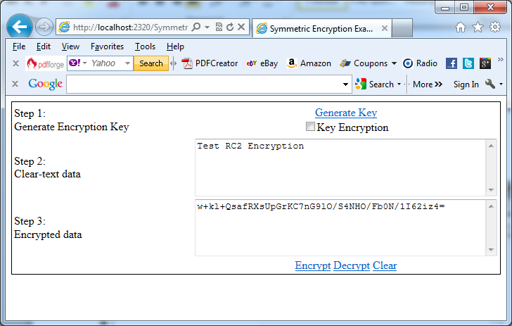 The resulting web page for symmetric algorithms in VB.NET