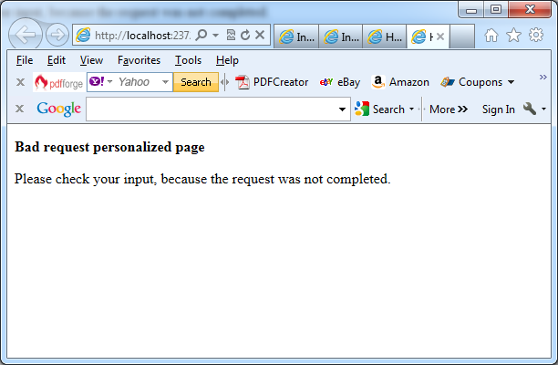 Example of bad request personalized page in C#