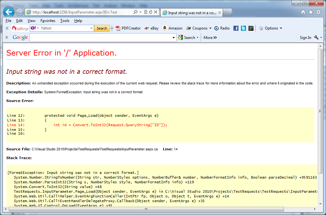 Disclosing of too many details about application if application’s parameters are not checked correctly in VB.NET