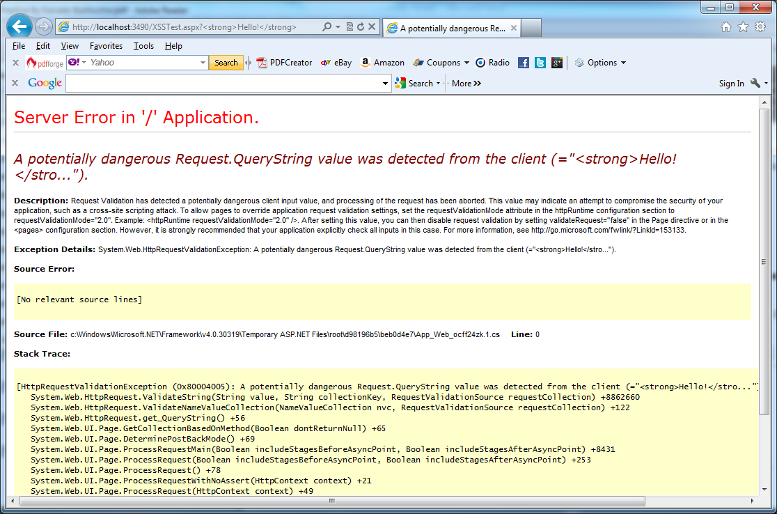 ASP.NET has a default validation mechanism that can intercept potentially dangerous values and display a specific error page in VB.NET