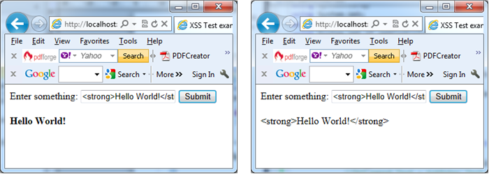 On the left input encoding is not applied and the markup is processed by the browser. On the right input encoding is applied. In both cases changes in web.config and @Page directive are applied in VB.NET