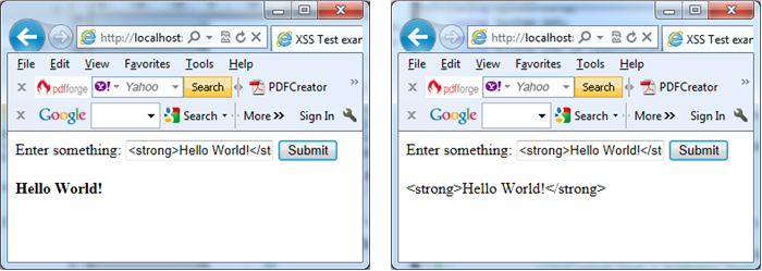 On the left input encoding is not applied and the markup is processed by the browser. On the right input encoding is applied. In both cases changes in web.config and @Page directive are applied in C#