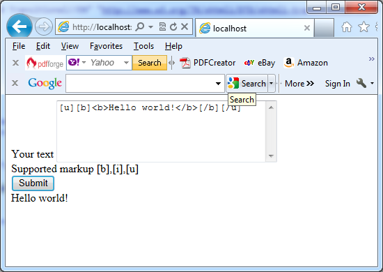 This form allows only a subset of markup and uses the left and right square brackets to totally avoid the use of tags in VB.NET