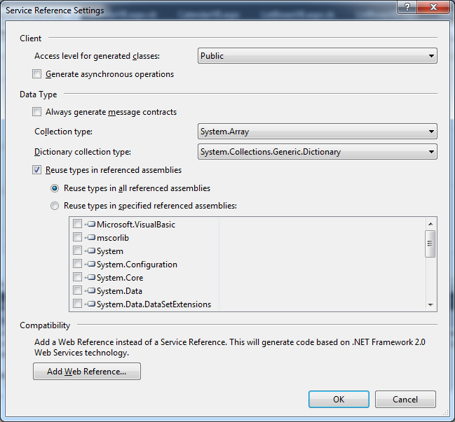 Service Reference Settings dialog box