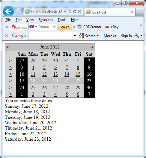 The Calendar control in action in VB.NET