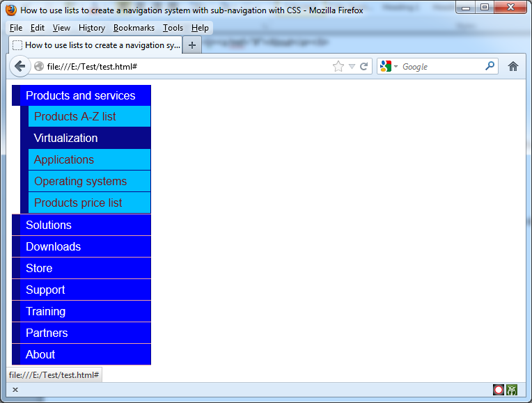 Using of list to create a navigation system with sub-navigation with CSS